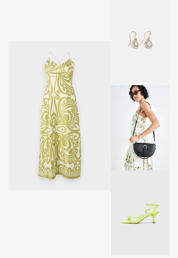 Šviesiai geltonas maksi suknelė su sudėtingu tamsesnio geltonumo paisley raštu, reguliuojamomis špagato petnešėlėmis ir plazdančio silueto.; Neon žalios spalvos aukštakulniai sandalai su kvadratiniu pirštu, plonomis dirželiais, kulkšnies sagtimi ir išlenktu kulnu. Lygi medžiaga su blizgiu paviršiumi.; Juodas odinis krepšys su išlenkta forma, nuimamu dirželiu ir auksiniais detalėmis. Krepšys turi kilpą su sagtimi.; Aukso spalvos auskarai su ovalo formos skaidriais kristalais, apjuostais mažesniais skaidriais akmenukais, su kabliuko dizainu, užtikrinančiu saugų dėvėjimą.