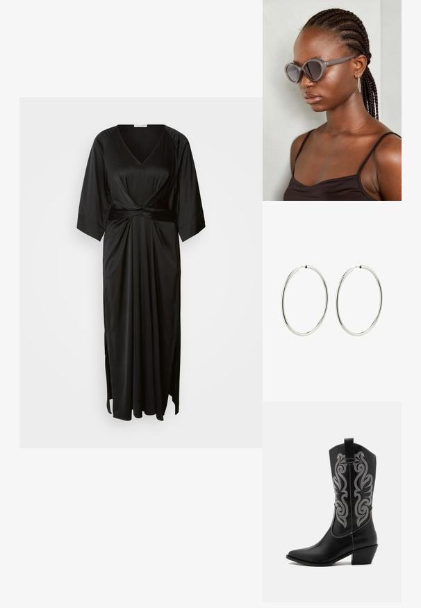 Crna saten haljina s dubokim V-izrezom, kratkim širokim rukavima, čvorastim detaljem u struku i bočnim prorezima za povećanu pokretljivost. Glatka tekstura.; Crne kožne kauboj čizme s izbijenim prstima, srednje visine do tele, s bogatom srebrnastom vezom i složenim potpeticama.; Sive velike sunčane naočale s okruglim oblikom i tamnim lećama. Elegantan plastični okvir s glatkom završnom obradom. Model ima pletenu kosu.; Srebrne kružne naušnice s glatkom, poliranom površinom. Kružni oblik, dosljedna širina, dizajnirane za laku kopču. Jednostavne i elegantne.