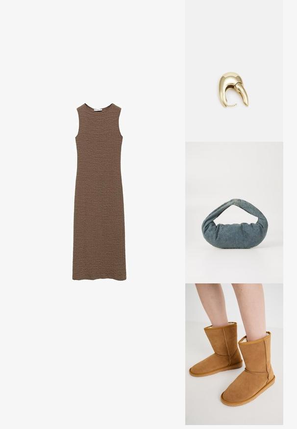 Brun ärmlös klänning med en texturerad yta och rak silhuett, med rund halsringning och ankellång fåll.; Bruna mocka ankelskor med en mjuk, krämfärgad foder. Har en platt sula och sydda detaljer längs sömmarna, designade för komfort.; Blå denimväska med en vadderad, rundad form och ett böjt handtag. Texturen är mjuk, med synliga sömmar och en slät yta.; Örhänge i guldtonad metall med en elegant, böjd design. Har en distinkt spetsig form, polerad yta och gångjärnslås.