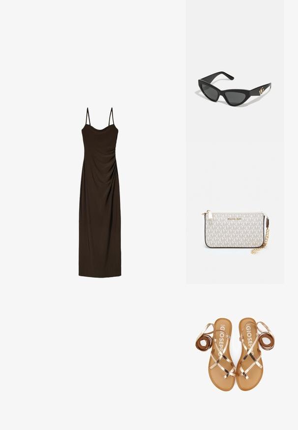 Brown, sleeveless midi dress with thin straps, featuring gathered detailing along the front, made from a smooth, draped fabric.; Strappy flat sandals with metallic rose-gold straps, tan footbed, and a minimalist design. Features rolled straps on each side.; Cat-eye sunglasses with a matte black plastic frame, dark lenses, and a gold logo accent on the temple. Angular design and smooth texture.; Michael Kors wristlet in beige coated canvas featuring a repeating MK logo pattern, gold hardware, and a detachable chain strap.
