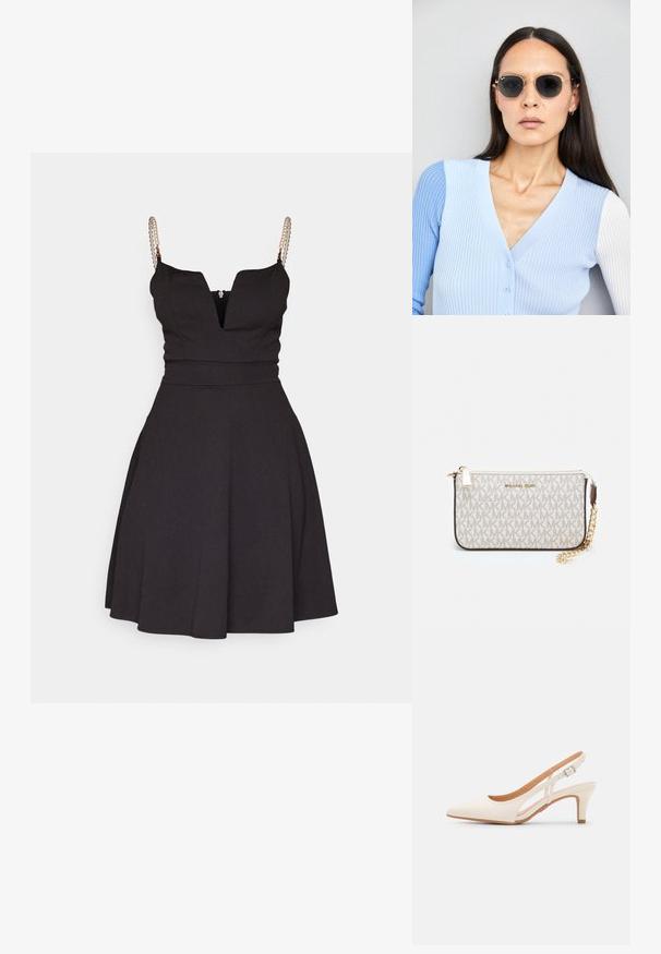 Vestido preto em forma de A com decote em V profundo e alças finas. Apresenta detalhes em pérolas nas alças e um corpete ajustado.; Sandal com salto branco, ponta afilada, material superior liso, salto bloco baixo e design com recortes laterais, com tira ajustável.; Óculos de sol redondos com lentes escuras e armação dourada. O modelo usa um cardigan canelado azul claro com botões e mangas brancas em contraste.; Pochete Michael Kors em tela revestida bege com padrão repetido do logotipo MK, ferragens douradas e uma alça de corrente destacável.