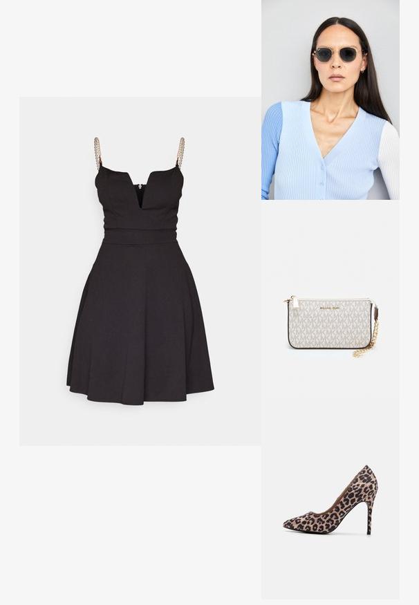Black A-line dress with a deep V-neck and spaghetti strap design. Features pearl accents on the straps and a fitted bodice.; Leopard print high-heeled shoe with pointed toe, textured fabric, 10 cm stiletto heel, and smooth interior lining.; Round sunglasses with dark lenses and gold frames. The model wears a light blue, ribbed cardigan with buttons and contrast white sleeves.; Michael Kors wristlet in beige coated canvas featuring a repeating MK logo pattern, gold hardware, and a detachable chain strap.
