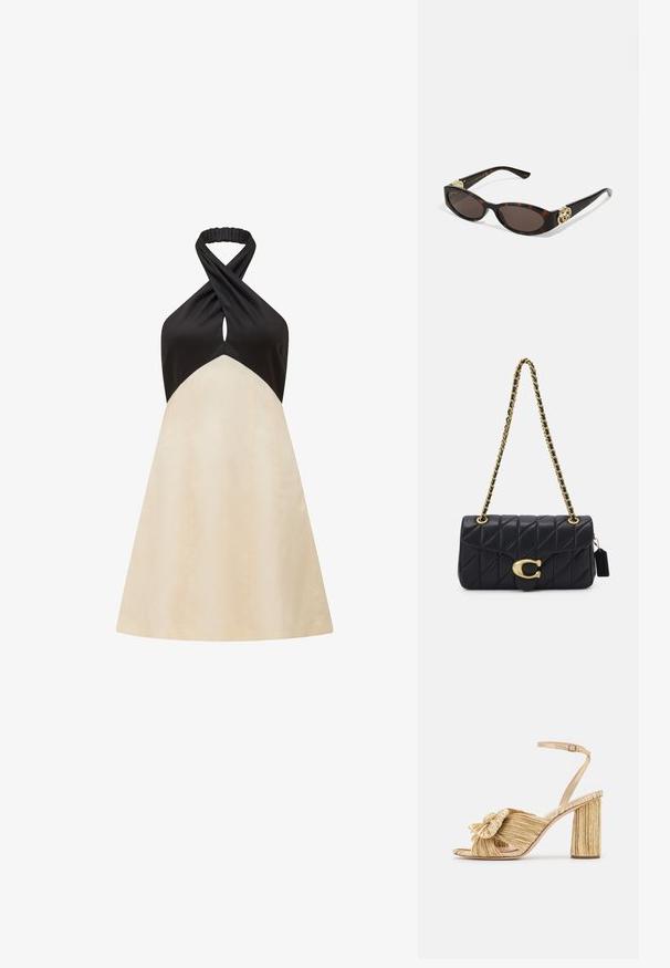 Halterneck dress with a black top and cream A-line skirt, featuring a twist design at the neckline and a smooth texture.; Gold heeled sandals with a knotted front, pleated texture, and an ankle strap. The block heel has a ribbed design, enhancing grip.; Tortoiseshell sunglasses with elongated oval lenses, brown tint, gold logo accents on temples, and sleek black arms.; Black quilted handbag with a gold chain strap, featuring a distinctive gold clasp and a small tag, showcasing a textured leather surface.