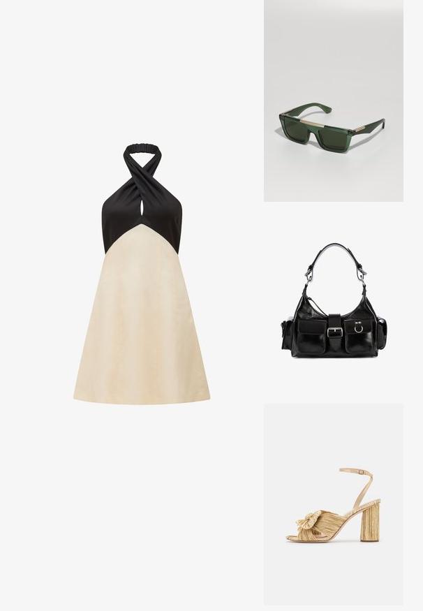 Abito con collo a halter, composto da una parte superiore nera e una gonna A-line crema, caratterizzato da un design a torsione sullo scollo e una texture liscia.; Sandali con tacco dorato, con un davanti annodato, texture plissettata e cinturino alla caviglia. Il tacco a blocco ha un design rigato che migliora la presa.; Occhiali da sole verdi con montatura trasparente, forma rettangolare, lenti scure e un accento dorato sulla barra del sopracciglio.; Borsa a mano in pelle nera con finitura lucida, dotata di una fibbia centrale, due tasche frontali e una tracolla corta.