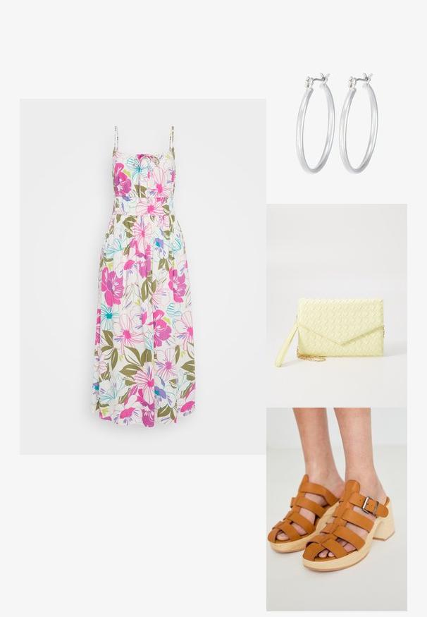 Gėlėtas maksi suknelė su plonais diržais, puošni ryškiomis rožinėmis, mėlynomis ir žaliomis gėlėmis ant baltos fono, su susiraukšlėjusiu liemeniu ir laisvu audiniu.; Rudos odinės platformos sandalai su atviromis pirštų dalimis, turintys horizontalius dirželius ir metalinį užsegimą, sėdintys ant šviesaus medinio bloko kulno.; Geltona audinė piniginė su užsegimu, nuimamą rankinę juostą ir auksinį akcentą. Lygi tekstūra ir stačiakampis forma.; Sidabriniai auskarai su sklandžiu, poliruotu paviršiumi. Apvalios formos ir saugus uždarymo mechanizmas. Lengvas dizainas, tinkantis kasdieniam dėvėjimui.
