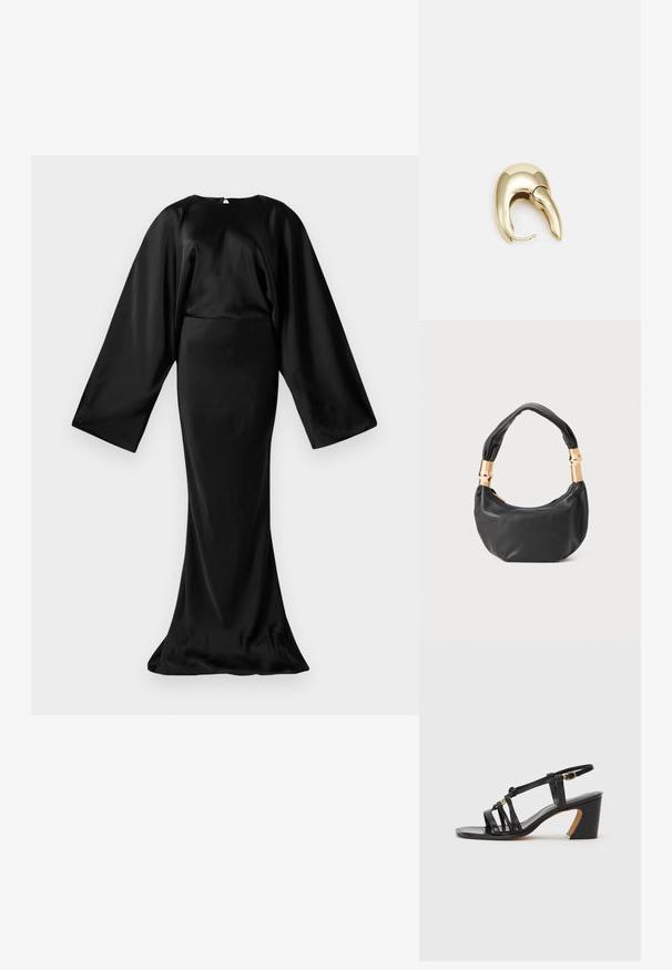 Čierna saténová dlhá sukňa s širokými rukávmi v štýle netopiera a priliehavou sukňou typu morská víla na bielom pozadí.; Paul Smith AMIRA - Klasické lodičky na opätku - black; Čierna kožená kabelka s guľatým tvarom, príjemnou textúrou a uzlíkovou rukoväťou s akcentmi zlatého tónu. Zipsové uzatvorenie.; Náušnice z kovu v zlatej farbe s elegantným, zakriveným dizajnom. Majú charakteristický špicatý tvar, leštený povrch a uzáver na pánt.