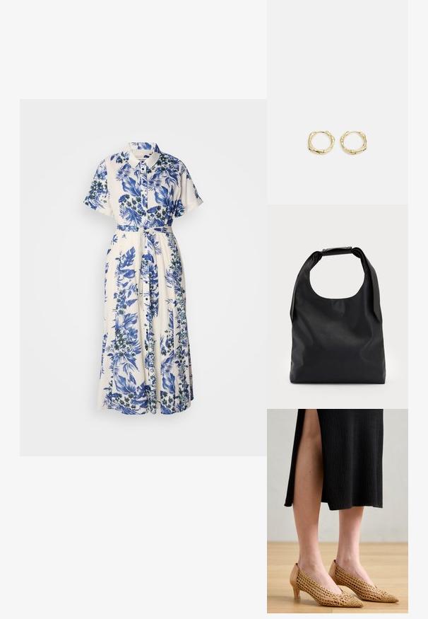 Mekko, jossa on kukkakuosiset siniset ja valkoiset värit. Siinä on kauluskäänteet, lyhyet hihat, vyötärövyö ja täyspitkä hame.; Terävätossut kultaisesta kudotusta verkosta valmistetulla päällä, vaaleanbeige nahkasisällä ja pienellä korolla, taustalla puulattia ja musta röyhelömekko.; Musta nahkainen hobo-laukku, jossa on yksi pehmeä, pyöreä kahva; ominaisuuksina sileä pinta ja minimalistinen muotoilu. Ei näkyvää metalliosaa tai koristeita.; Kultaiset renkaat, joissa on teksturoitu, epäsäännöllinen muoto. Varustettu saumattomalla suljinnalla ja kiillotetulla pinnalla, mikä korostaa modernia muotoilua.