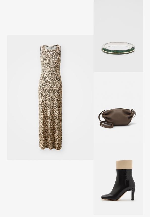 Vestido maxi sin mangas en beige con estampado de leopardo negro, con un escote redondo. Elaborado con una tela suave y elástica para mayor comodidad.; Botín negro de cuero hasta el tobillo con un acento crema en la parte superior, puntera puntiaguda y un tacón alto con detalles en plata. Textura suave sin patrones visibles.; Bolso de piel marrón con un diseño estructurado y suave, que cuenta con un cierre superior de cremallera y una correa ajustable con detalles de metal plateado.; Pulsera de brazalete de metal con incrustación de piedra verde y acabado texturizado, acentuada por una banda de oro estrecha y bordes de plata lisa.