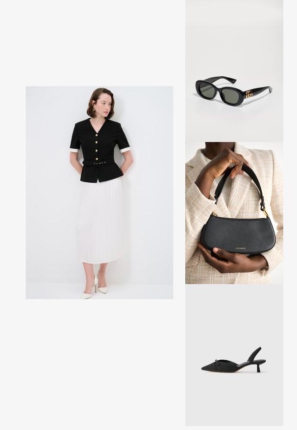 Blazer negro entallado con botones dorados y cintura con cinturón, combinado con una falda plisada blanca y fluida. Tacones blancos completan el conjunto.; Tacones negros tipo slingback con punta afilada, parte superior de tela, detalle de lazo en el empeine y un tacón bajo y cilíndrico.; Gafas de sol de plástico negro con lentes verdes, con forma ovalada y detalle del logo dorado en las varillas. Textura suave y acabado brillante.; Bolso de mano de cuero negro con un acabado texturizado, diseño elegante, correa corta y un acento de logo dorado. Sostenido contra un fondo de tela de color claro.; Reloj de pulsera rectangular dorado con un dial verde claro texturizado, dos marcadores de hora negros, una pulsera de metal dorado y un diseño minimalista.; Diadema negra tipo fascinator hecha de tul transparente, con bucles en capas y un detalle de lazo central. Estructura con alambre para darle forma.