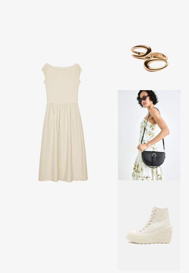 Kremna, obleka do kolen iz mehkega blaga, s prilegajočim se telom, širokim izrezom in nabranim krilom za volumen.; Bela platnena visoka teniska obuća z wedge potplatom, s metalnim rupicama, okruglim vrhom i teksturiranim gumiranim potplatom.; Črna usnjena torbica s ukrivljeno obliko, z odstranljivo naramnico in zlatimi dodatki. Torbica ima pokrov s podrobnostmi v obliki zaponke.; Zlato tonirani kovinski uhani z abstraktno ovalno obliko, povezano v dizajnu z sijajno obdelavo in odprtimi izrezi.