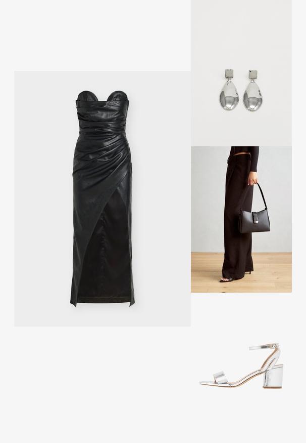 Černé kožené šaty bez ramínek s nařasenými detaily, asymetrickým lemem a hladkou texturou. Disponují strukturovaným živůtkem a elegantním siluetou.; Stříbrné metalické sandály na podpatku se širokým páskem na špičce, páskem kolem kotníku a blokovým podpatkem. Hladký povrch se lesklým finišem a minimalistickým designem.; Černá kabelka se strukturovaným tvarem, hladkým povrchem a kovovým uzávěrem. Kombinována s širokými černými kalhotami a sandály s otevřenou špičkou na dřevěné podlaze.; Stříbrné kapkové náušnice se čtvercovou například, s hladkým, lesklým povrchem a kapkovým tvarem, odrážející světlo lesklým povrchem.
