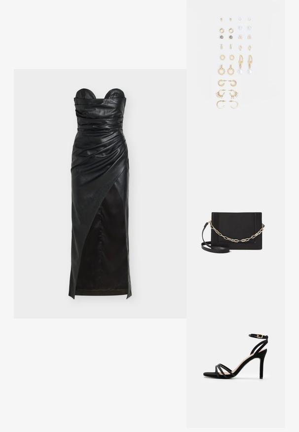 Black leather strapless dress with ruched detailing, asymmetrical hem, and smooth texture. Features structured bodice and elegant silhouette.; Anna Field Sandals - black; Black leather crossbody bag featuring a smooth texture, rectangular shape, and a metallic chain detail on the front. Adjustable strap included.; Set of gold-tone earrings featuring various designs, including studs, hoops, and dangling pieces with pearls and rhinestones.