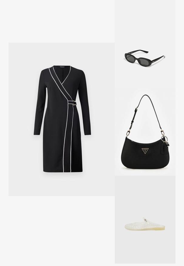Schwarzes Wickelkleid mit langen Ärmeln, weißer Paspelierung entlang der Vorderseite und Akzenten aus goldfarbenem Metall. Glattes, gewebtes Material, knielanges Design.; Transparenter Kunststoff-Schlupfschuh mit einem Gittermuster, runder Zehenpartie und einem kleinen silbernen Akzent an dem Riemen. Flexibler, durchsichtiger Sohlen. ; Schwarze Sonnenbrille mit ovalen Gläsern, glänzendem Kunststoffrahmen und schlanken Bügeln. Mit Ray-Ban-Logo in Weiß an der Seite.; Schwarze synthetische Schultertasche mit geschwungenem Silhouette, strukturiertem Finish, goldenem Dreiecks-Logo und abnehmbaren Hardware-Akzenten.