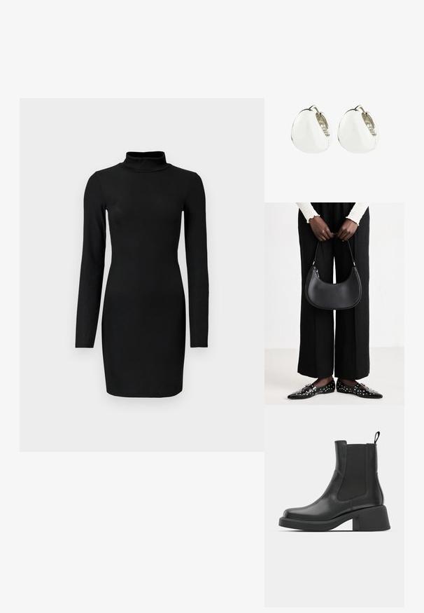 Black ribbed long-sleeve dress with a mock neck, fitted silhouette, and smooth texture. Mid-thigh length and no visible patterns or accents.; Black leather ankle boots with elastic side panels, rounded toe, and a chunky block heel. Smooth texture with a minimalistic design.; Black leather shoulder bag with a rounded shape, glossy finish, and silver hardware. Person wearing black wide-leg pants and studded loafers.; Silver-tone stud earrings in a rounded shape with a polished finish, featuring a subtle split detail for added texture.