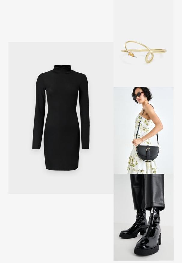 Črna rebrasta obleka z dolgimi rokavi in simuliranim ovratnikom, oprijetega silhuete in gladke teksture. Dolžina do sredine stegna, brez vidnih vzorcev ali akcentov.; Črne lakirane gležnjerice s debelim podplatom in peto, ki imajo stranski zadrgo in gladko, sijočo teksturo.; Črna usnjena torbica s ukrivljeno obliko, z odstranljivo naramnico in zlatimi dodatki. Torbica ima pokrov s podrobnostmi v obliki zaponke.; Zlato obarvan kovinski zapestnica s tekočim, ukrivljenim dizajnom. Ima majhen, izstopajoč srebrn poudarek na enem koncu.
