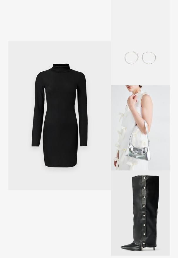 Abito nero a maniche lunghe con collo alto, silhouette aderente e texture liscia. Lunghezza fino a metà coscia e senza motivi o accenti visibili.; Stivali alti in pelle nera con tacco, caratterizzati da un design aderente, punta affusolata e dettagli con bottoni a pressione argentati lungo il lato.; Borsa a mano metallica argento con forma strutturata, dotata di manico superiore e dettaglio a fiocco sulla parte frontale. Texture liscia e finitura riflettente.; Orecchini a cerchio in argento con un design rotondo e elegante, caratterizzati da una superficie liscia e senza decorazioni visibili. Diametro non specificato.