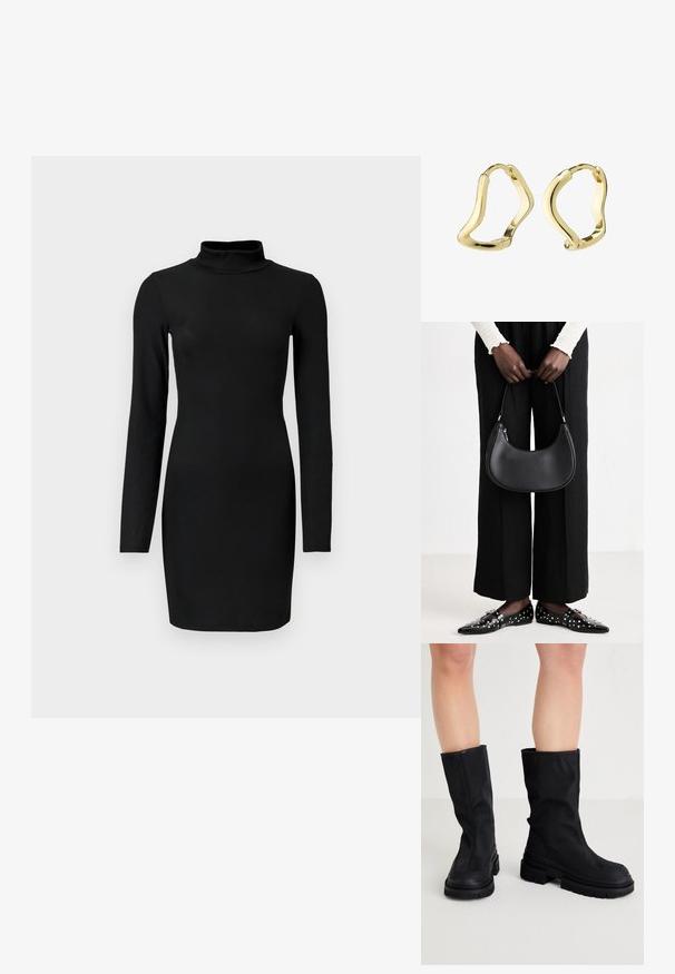 Vestido negro de manga larga con cuello alto, silueta ajustada y textura suave. Largo hasta medio muslo y sin patrones o acentos visibles.; Botas negras hasta la rodilla hechas de un material textil suave con una suela de goma gruesa, que presentan un diseño minimalista y detalles de costura sutiles.; Bolso de hombro de cuero negro con forma redondeada, acabado brillante y herrajes plateados. Persona vistiendo pantalones anchos negros y mocasines con tachuelas.; Pendientes de aro dorados con un diseño fluido y ondulado. Textura suave, forma abierta y sin sujetadores visibles. Apariencia minimalista y moderna.