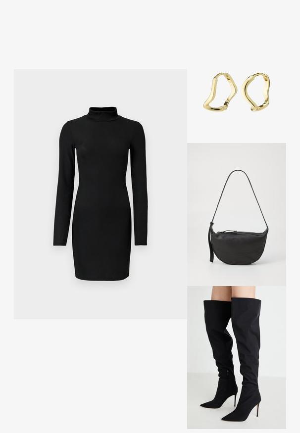 Black ribbed long-sleeve dress with a mock neck, fitted silhouette, and smooth texture. Mid-thigh length and no visible patterns or accents.; Black over-the-knee boots made of smooth material, pointed toe design, high stiletto heel, with a side zipper detail.; Black leather shoulder bag with curved shape, single strap, zippered closure, and subtle stitch detailing along the body.; Gold hoop earrings with a fluid, wave-like design. Smooth texture, open shape, and no visible fasteners. Minimalist and modern appearance.