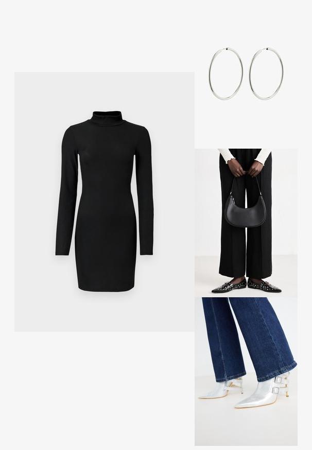 Črna rebrasta obleka z dolgimi rokavi in simuliranim ovratnikom, oprijetega silhuete in gladke teksture. Dolžina do sredine stegna, brez vidnih vzorcev ali akcentov.; Srebrni, kovinski gležnjači s izostrenim nosom in dvema zaponkama. Nosijo se z temno modrimi, rahlo razširjenimi kavbojkami.; Črna usnjena torba za ramo z zaokroženo obliko, sijajno površino in srebrnimi dodatki. Oseba nosi črne široke hlače in loaferje s konicami.; Srebrni obroči za ušesa z gladko, polirano površino. Krožna oblika, enakomerna širina, zasnovani za enostavno zapiranje. Preprosto in elegantno.