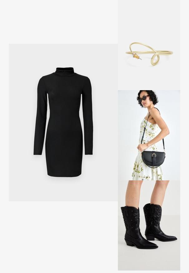 Črna rebrasta obleka z dolgimi rokavi in simuliranim ovratnikom, oprijetega silhuete in gladke teksture. Dolžina do sredine stegna, brez vidnih vzorcev ali akcentov.; Črne usnjene kavbojske čevlje z ostrim nosom, zapletenim šivom, okrasnimi žebljički in nizko zloženo peto. Bočni zadrga za enostavno oblačenje.; Črna usnjena torbica s ukrivljeno obliko, z odstranljivo naramnico in zlatimi dodatki. Torbica ima pokrov s podrobnostmi v obliki zaponke.; Zlato obarvan kovinski zapestnica s tekočim, ukrivljenim dizajnom. Ima majhen, izstopajoč srebrn poudarek na enem koncu.