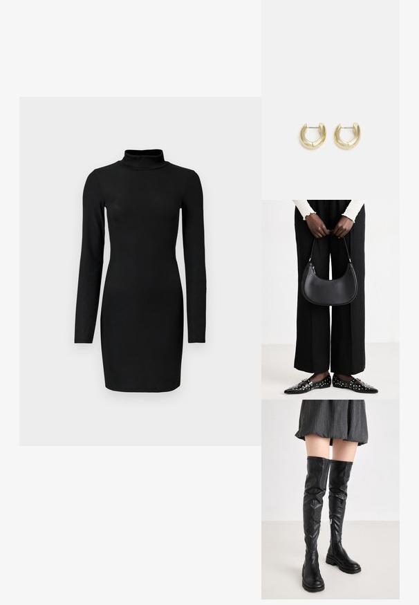 Black ribbed long-sleeve dress with a mock neck, fitted silhouette, and smooth texture. Mid-thigh length and no visible patterns or accents.; RAID ADDISEY - Over-the-knee boots - black; Black leather shoulder bag with a rounded shape, glossy finish, and silver hardware. Person wearing black wide-leg pants and studded loafers.; Gold-tone hoop earrings with a smooth, polished finish. Features a half-circle shape and a secure post closure.