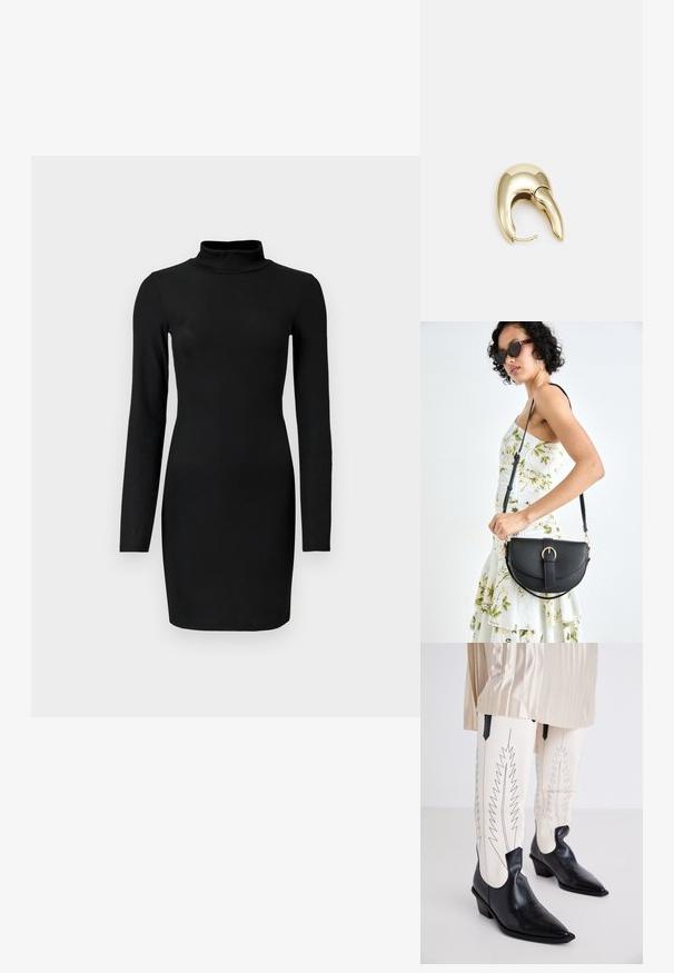 Crna rebrasta haljina dugih rukava s lažnim ovratnikom, prilagođenim siluetom i glatkom teksturom. Duljina do sredine bedara i bez vidljivih uzoraka ili naglasaka.; Crne kaubojke s teksturiranom površinom, s oštrim vrhovima i niskim blok potpeticama, uparene sa bijelim uskim hlačama s crnim cik-cak šavovima.; Crna kožna torba s lukovitim oblikom, odvojivim remenom i zlatnim detaljima. Torba ima preklop s kopčom.; Zlatne metalne naušnice s elegantnim, zakrivljenim dizajnom. Imaju karakterističan šiljast oblik, poliranu površinu i zatvaranje na šarku.