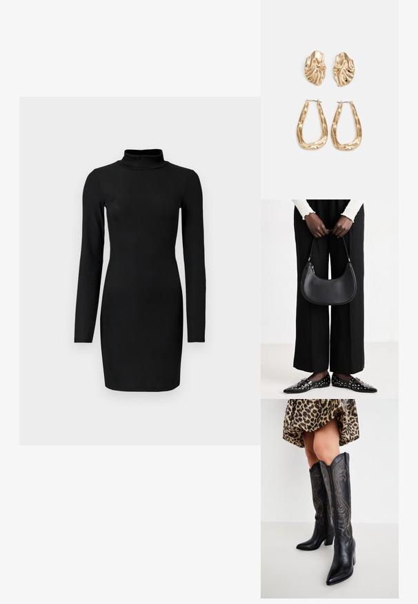 Crna rebrasta haljina dugih rukava s lažnim ovratnikom, prilagođenim siluetom i glatkom teksturom. Duljina do sredine bedara i bez vidljivih uzoraka ili naglasaka.; Noge u visokim crnim kožnim kaubojskim čizmama do koljena s ukrasnim šavovima, u kombinaciji s kratkom suknjom od leopard uzorka na bijeloj pozadini.; Crna kožna torba preko ramena zaobljenog oblika, s sjajnom završnom obradom i srebrnim hardverom. Osoba nosi crne hlače širokog kroja i loaferice sa studovima.; Naušnice zlatne boje s teksturiranim, valovitim oblicima. Uključuju skulpturalne kopče i dizajn otvorene kružnice s kovanom završnom obradom.