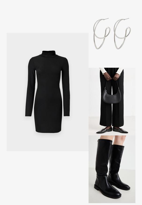 Black ribbed long-sleeve dress with a mock neck, fitted silhouette, and smooth texture. Mid-thigh length and no visible patterns or accents.; Black knee-high boots made of smooth leather with a rounded toe, minimalistic design, and flat rubber sole. Seam detailing on the sides.; Black leather shoulder bag with a rounded shape, glossy finish, and silver hardware. Person wearing black wide-leg pants and studded loafers.; Silver-tone metal hoop earrings with a twisted design, featuring a smooth, polished texture and thin wire construction.