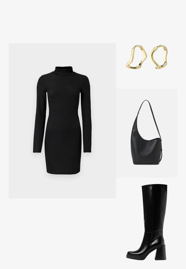 Čierna rebrovaná dlhá sukňa s okrúhlym výstrihom, priliehavým strihom a hladkým povrchom. Dĺžka do polovice stehna a žiadne viditeľné vzory ani akcenty.; Čierne vysoké čižmy z lesklého materiálu, s masívnym blokovým podpätkom a zaoblenou špičkou. Pozdĺž vonkajšej strany sú švy.; Čierna kožená hobo taška so hladkou textúrou, zakriveným tvarom a jedným nastaviteľným popruhom; má široké otvorenie na vrchu.; Zlaté kruhové náušnice s plynulým, vlnitým dizajnom. Hladký povrch, otvorený tvar a žiadne viditeľné uzávery. Minimalistický a moderný vzhľad.