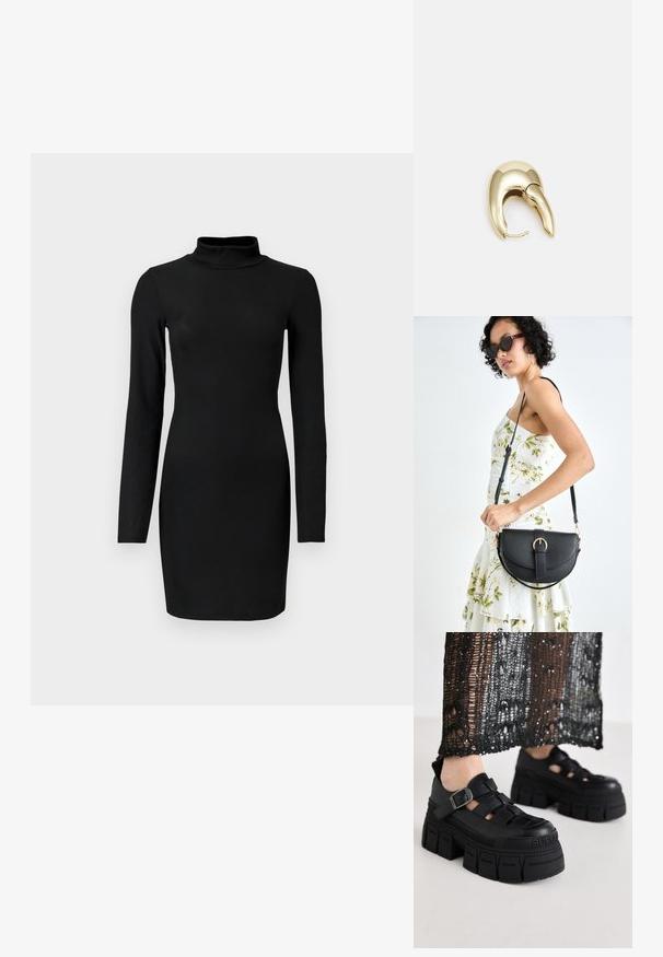 Must mustriba, pikkade varrukatega kleit, millel on vale kaelus, keha ligi istuv siluett ja sile tekstuur. Üksikasjadeta, reie keskele ulatuv pikkus.; Mustad platvormi sandaalid, millel on paks disain, laiad rihmad ja külgmine pandla. Valmistatud tekstureeritud kummist koos logodetailliguga.; Mustmust mustraha kõverate joontega, eemaldatava rihmaga ja kuldsete detailidega. Kotil on klapp, millel on pandladetail.; Kuldtooni metallist kõrvarõngas, millel on elegantne ja kaarjas disain. Omab silmapaistvat teravat kuju, poleeritud pinda ja hingesulgemist.