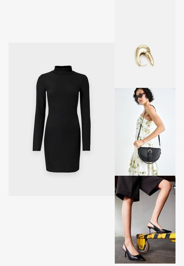 Vestido negro de manga larga con cuello alto, silueta ajustada y textura suave. Largo hasta medio muslo y sin patrones o acentos visibles.; Zapatos de tacón negro tipo slingback con puntera afilada, que presentan una tapa de charol brillante. Tacón stiletto, diseño de cuero liso y una silueta minimalista.; Bolso de piel negra con forma curva, correa desmontable y herrajes dorados. El bolso cuenta con una solapa con un detalle de hebilla.; Pendiente de metal en tono dorado con un diseño elegante y curvado. Presenta una forma puntiaguda distintiva, superficie pulida y cierre de bisagra.