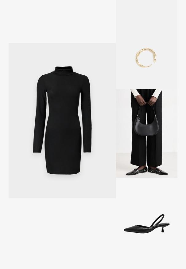 Abito nero a maniche lunghe con collo alto, silhouette aderente e texture liscia. Lunghezza fino a metà coscia e senza motivi o accenti visibili.; Scarpa slingback in pelle nera con punta affusolata, tacco basso a blocco e design minimalista. Texture liscia con una silhouette semplice.; Borsa a spalla in pelle nera con forma arrotondata, finitura lucida e accessori in argento. Persona che indossa pantaloni ampi neri e mocassini con borchie.; Anello in tono oro con un design organico e Twisted, caratterizzato da una superficie liscia e punte affusolate, che crea un aspetto moderno e scultoreo.