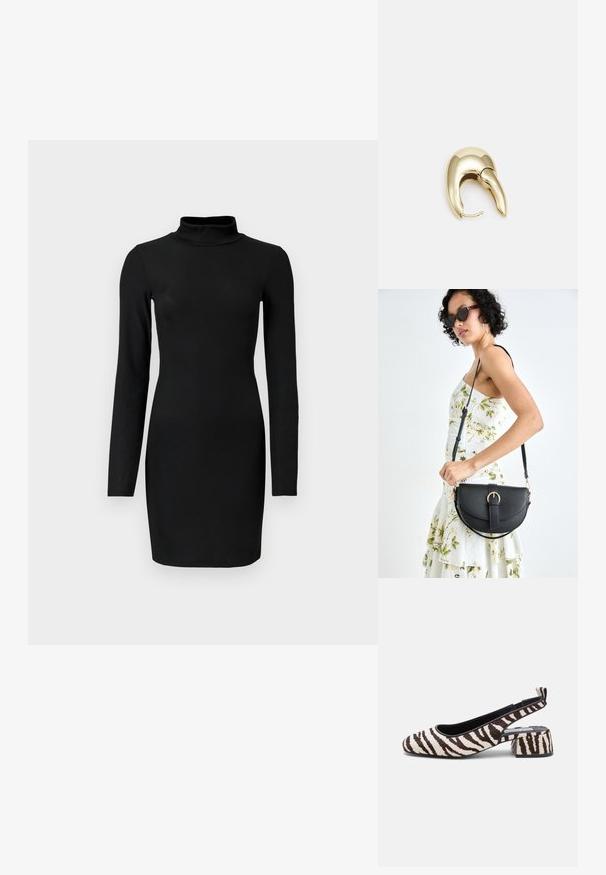 Fekete bordázott, hosszú ujjú ruha, állógallérral, testhezálló fazonnal és sima textúrával. Térd közepéig érő hosszúság, látható minták vagy díszítések nélkül.; Zebra mintás, fekete és krémszínű slingback magassarkú, puha anyagból készült, négyzetes orrú és tömzsi sarokkal a stabilitás érdekében.; Fekete bőrtáska ívelt formával, levehető pánttal és arany színű fémrészekkel. A táskán egy csattal díszített fedél található.; Aranyszínű fém fülbevaló, elegáns, ívelt formával. Különleges hegyes alak, fényes felszín és zsanéros záródás jellemzi.