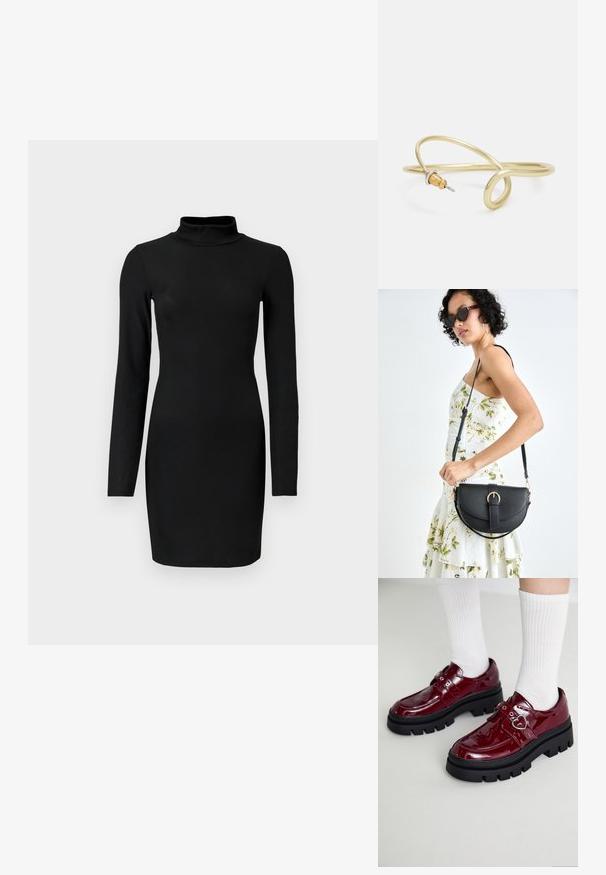 Black ribbed long-sleeve dress with a mock neck, fitted silhouette, and smooth texture. Mid-thigh length and no visible patterns or accents.; Maroon patent leather shoes with a chunky black sole, double strap with heart detail, and ribbed white socks. Retro design with thick traction.; Black leather handbag with a curved shape, detachable strap, and gold hardware. The bag features a flap with a buckle detail.; Gold-colored metal bracelet with fluid, curvy design. Features a small, prominent, silver-colored accent at one end.