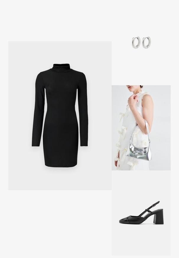 Juoda raukinėta ilgomis rankovėmis su apykakle, prigludusi siluetas ir lygus paviršius. Iki vidurio šlaunų ilgio, be matomų raštų ar akcentų.; Juodas patentuotas odinis slingback aukštakulnis batelis su smailiu viršumi, blokiniu kulnu ir reguliuojama juosta. Lygus paviršius ir minimalizmo dizainas.; Sidabrinė metalinė rankinė su struktūrizuota forma, turinti viršutinę rankeną ir kaspiną priekyje. Lygi tekstūra, atspindinti apdaila.; Sidabriniai auskarai su poliruotu paviršiumi, turintys apvalią dizaino formą ir be siūlių vyriukus, rodantys lygų paviršių.