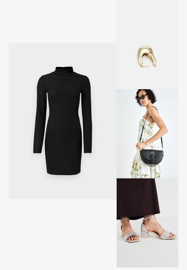 Fekete bordázott, hosszú ujjú ruha, állógallérral, testhezálló fazonnal és sima textúrával. Térd közepéig érő hosszúság, látható minták vagy díszítések nélkül.; Ezüst díszítésű, blokk sarkú szandálok nyitott orral és bokapánttal. A pántok fényes felületűek, az alsó része pedig világosbarna színű.; Fekete bőrtáska ívelt formával, levehető pánttal és arany színű fémrészekkel. A táskán egy csattal díszített fedél található.; Aranyszínű fém fülbevaló, elegáns, ívelt formával. Különleges hegyes alak, fényes felszín és zsanéros záródás jellemzi.