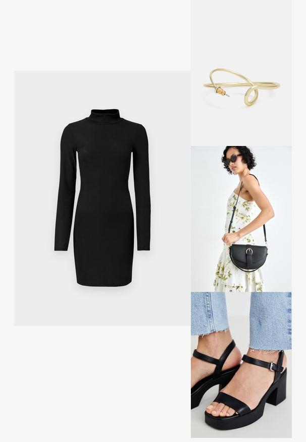 Juoda raukinėta ilgomis rankovėmis su apykakle, prigludusi siluetas ir lygus paviršius. Iki vidurio šlaunų ilgio, be matomų raštų ar akcentų.; ALDO CELIE - Aukštakulniai sandalai - black; Juodas odinis krepšys su išlenkta forma, nuimamu dirželiu ir auksiniais detalėmis. Krepšys turi kilpą su sagtimi.; Auksinės spalvos metalinė apyrankė su skysčiu, kreipiančiu dizainu. Viename gale yra mažas, išsiskiriantis, sidabrinės spalvos akcentas.