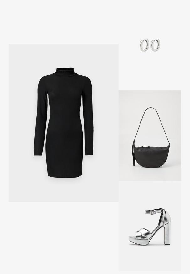 Must mustriba, pikkade varrukatega kleit, millel on vale kaelus, keha ligi istuv siluett ja sile tekstuur. Üksikasjadeta, reie keskele ulatuv pikkus.; Hõbedased metallilised platvormsandlid kõrge plokknõelaga, millel on ristatud rihmade disain ja reguleeritav pahkluu rihm.; Mustvalge nahast õlavarre kott kumerate joontega, ühe rihmaga, lukuga sulgemine ja peene õmbluse detailid keha ääres.; Hõbedased rõngassüstid läikiva viimistlusega, millel on ümmargune disain ja sujuvad hinged, mis näitavad sileda tekstuuri.