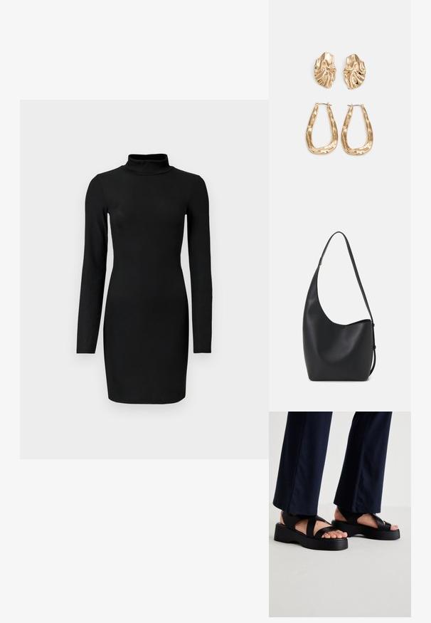 Schwarz gestreifertes, langärmeliges Kleid mit Stehkragen, figurbetontem Schnitt und glatter Textur. Mittlere Oberschenkellänge und keine sichtbaren Muster oder Akzente.; Schwarze Plattformsandalen mit breiten, gekreuzten Riemen und einer dicken Sohle. Das Obermaterial besteht aus glattem Material und hat ein offenes Zehen-Design.; Schwarze Leder-Hobo-Tasche mit einer glatten Textur, geschwungener Form und einem einzelnen verstellbaren Tragegurt; verfügt über eine weite Öffnung am oberen Ende.; Ohrringe in Goldoptik mit strukturierten, gewellten Formen. Beinhaltet skulpturale Clip-Ohrringe und ein offenes Hoop-Design mit gehämmertem Finish.