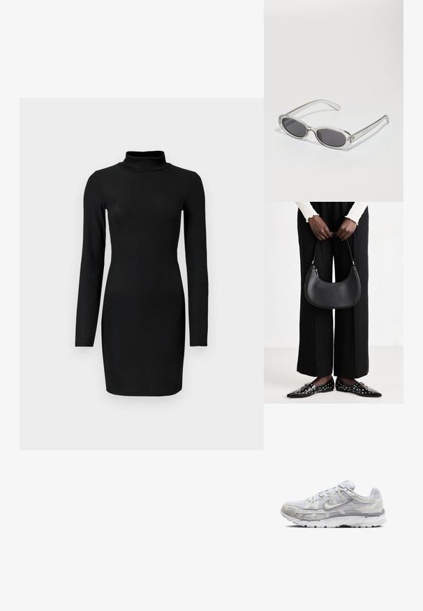 Must mustriba, pikkade varrukatega kleit, millel on vale kaelus, keha ligi istuv siluett ja sile tekstuur. Üksikasjadeta, reie keskele ulatuv pikkus.; Heledad hallid spordijalatsid, millel on sidesilmustega ja sünteetilisest ülemisest osa, pehme krae ning tekstuuriga põhi, mis tagab haarduvuse.; Ovaalsed prillid, millel on selge plastraam, tumehallid läätsed ja õhukesed läbipaistvad sangad, kus on logode aktsendid ja minimaalne detailirohkus.; Must kastmeest räbal nahast õlakott, ümar kuju, läikiv viimistlus ja hõbedased detailid. Inimene kannab musti laiu pükse ja studidega mokasíne.