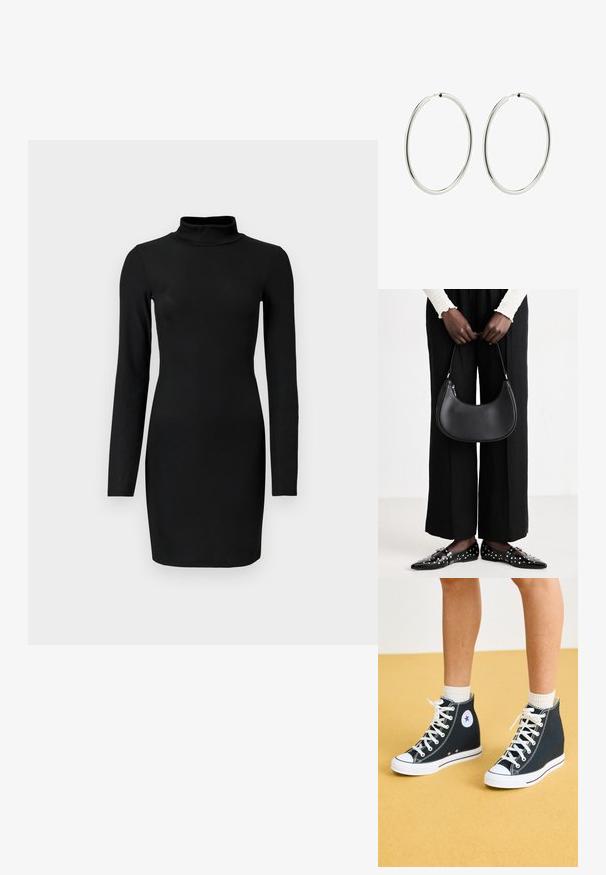 Black ribbed long-sleeve dress with a mock neck, fitted silhouette, and smooth texture. Mid-thigh length and no visible patterns or accents.; High-top sneakers in dark blue canvas with white rubber soles, laces, and accents. Features a circular logo and white stitching details.; Black leather shoulder bag with a rounded shape, glossy finish, and silver hardware. Person wearing black wide-leg pants and studded loafers.; Silver hoop earrings with a smooth, polished finish. Circular shape, consistent width, designed for easy fastening. Simple and elegant.