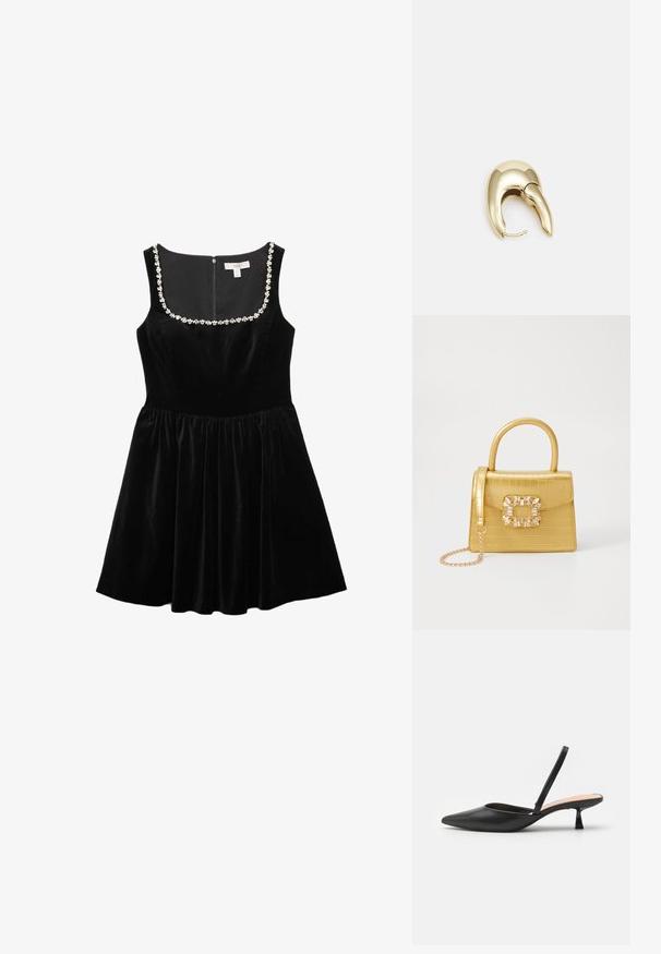 Abito di velluto nero con corpetto aderente e gonna a campana, con scollatura quadrata decorata con applicazioni floreali trasparenti.; Pump nera con cinturino, punta affusolata, finitura opaca elegante, tacco angolare basso e design minimalista. Presenta un sottile cinturino alla caviglia.; Borsa finta coccodrillo gialla con design strutturato, manico superiore, tracolla a catena removibile e abbellimenti in cristallo decorativi sulla chiusura.; Orecchino in metallo color oro con un design elegante e curvo. Presenta una forma appuntita distintiva, superficie lucida e chiusura a cerniera.