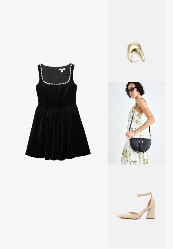 Czarna sukienka z weluru z dopasowaną górą i rozkloszowanym dołem, z kwadratowym dekoltem ozdobionym przezroczystymi aplikacjami w kształcie kwiatów.; Beżowe lakierowane czółenka na wysokim obcasie z ostrym noskiem, paskiem wokół kostki i grubym obcasem. Gładka faktura z minimalnymi detalami przeszycia.; Czarna skórzana torebka o zakrzywionym kształcie, z odpinanym paskiem i złotymi akcentami. Torebka posiada klapę z zapięciem w kształcie klamry.; Złote metalowe kolczyki o eleganckim, zakrzywionym kształcie. Posiadają charakterystyczny szpiczasty kształt, polerowaną powierzchnię oraz zapięcie na zawias.