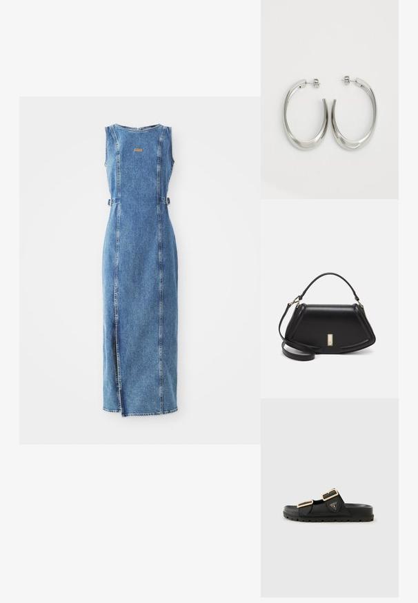Denim maxi dress with a fitted design, sleeveless cut, front slit, and a small logo patch at the chest. Blue color with visible stitching.; Black slide sandals with two adjustable straps, gold-tone buckles, textured rubber upper, and a thick textured sole. Logo displayed on the side.; Black leather handbag with a structured design, featuring a cropped shape, top handle, and gold hardware accent. Adjustable shoulder strap included.; Silver hoop earrings with a smooth, curved design. Features a shiny metallic finish and stud closure. No visible patterns or accents.