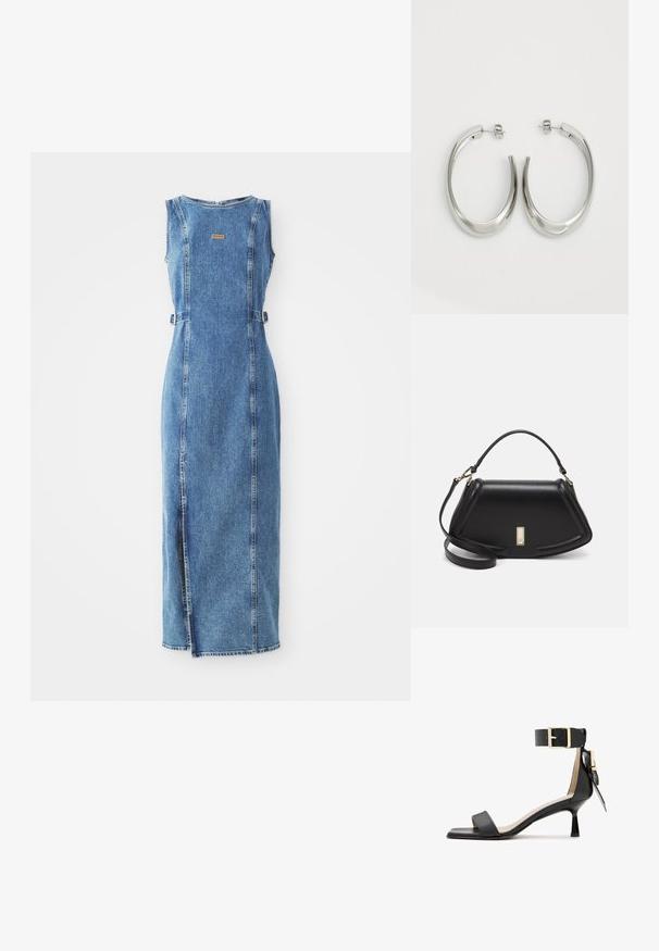 Farmer maxi ruha testhezálló fazonnal, ujjatlan kivágással, elöl hasítékkal és egy kis logóval a mellrészen. Kék szín, látható varrással.; Fekete bőr sarkú szandál négyzetes orral, bokapánt arany csattal és keskeny sarokkal. Simább tapintás, minimalistább design.; Fekete bőr kézitáska, strukturált dizájnnal, rövidített formával, felső fogantyúval és arany színű kiegészítőkkel. Állítható vállpánt is tartozik hozzá.; Ezüst karika fülbevalók sima, ívelt formával. Fényes fémes felülettel és tűs zárral rendelkeznek. Nincsenek látható minták vagy kiegészítők.