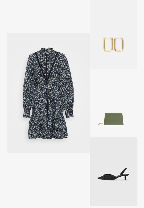 Melnā ziedu kleita ar garām piedurknēm, ruffle apakšmalu un augstu kaklu. Satur zilos ziedus un zaļus akcentus, ar mežģīņu rotājumiem ap kaklu.; Melnas siksnītes papēžu kurpes ar norādītu pirkstu, auduma virsu, ar banti uz vamp, un zemu, cilindrisku papēdi.; Zaļš teksturēts ādas clutch soma ar plakanu dizainu, kurai ir rozā zelta ķēdes siksna un uzdrukāts logos priekšpusē.; Zeltaina metāla riņķa auskari, kuriem ir kvadrāta forma ar gludām malām un pulētu apdari, atspoguļojot gaismu ar spīguļojošu virsmu.