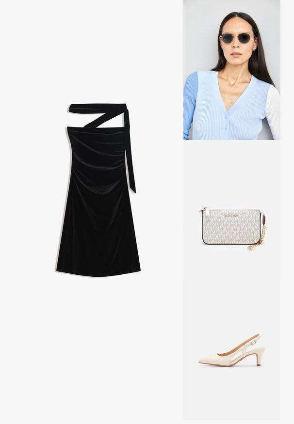 Rochie midi din catifea neagră, cu decolteu asimetric și un bretele lungi care se învârte în jurul gâtului, textură netedă și o ușoară drapare la talie.; Sandaie cu toc alb, cu vârful ascuțit, material superior neted, toc mic tip bloc și design cu decupaj lateral, cu curea ajustabilă.; Ochelari de soare rotunzi cu lentile întunecate și rame aurii. Modelul poartă un cardigan ribbed de culoare albastru deschis cu nasturi și mâneci albe în contrast.; Clutch Michael Kors din canva acoperit bej, cu un model repetitiv al logo-ului MK, accesorii din aur și o curea cu lanț detașabil.