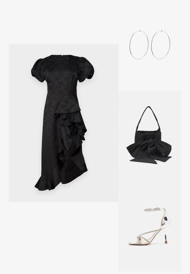 Schwarzes Kleid mit Puffärmeln, einer taillierten Oberseite und einem cascading Rüschendetail auf einer Seite, gefertigt aus strukturiertem Stoff mit einem subtilen Muster.; Silberne High-Heels-Sandalen mit einem Riemen-Design, schimmerndem Material, Strassakzenten und einem schmalen Knöchelriemen. Quadratische Zehenpartie und polierter Absatz.; Schwarze Stoffhandtasche mit einer gebundenen Schleifenakzent, runder Form, strukturiertem Oberflächen mit kleinen Mustern und einem einzelnen, dünnen Tragegriff.; Silberne Creolen mit einem glatten, runden Design und einer polierten Oberfläche. Sie sind dünn und leicht und verfügen über einen einfachen Verschluss.