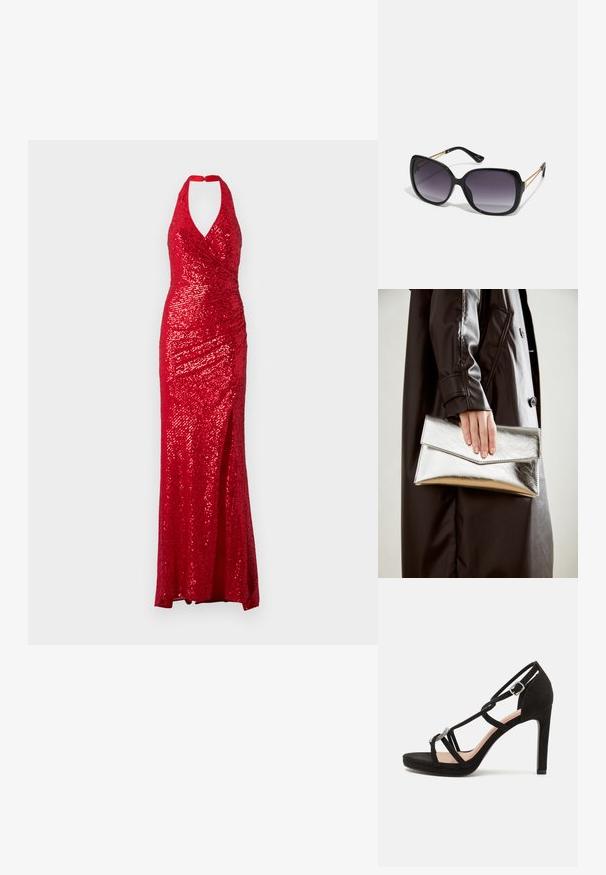Rotes Paillettenkleid mit Halsband, tailliertem Oberteil und seitlichem Schlitz. Der Stoff hat eine glänzende Textur mit einem drapierten Design.; Schwarze Wildleder-Pappelsandalen mit überkreuzten Riemen, einem dekorativen silberfarbenen Akzent und einer Plateausohle für zusätzliche Höhe.; Schwarze übergroße Sonnenbrille mit getönten Gläsern, dicken Rahmen und goldfarbener Kettendetaillierung an den Bügeln.; Silberner metallischer Clutch mit einem eckigen Umschlagdesign, glatter Textur und kontrastierender Innenfarbe, gehalten in einer Hand, die einen schwarzen Mantel trägt.