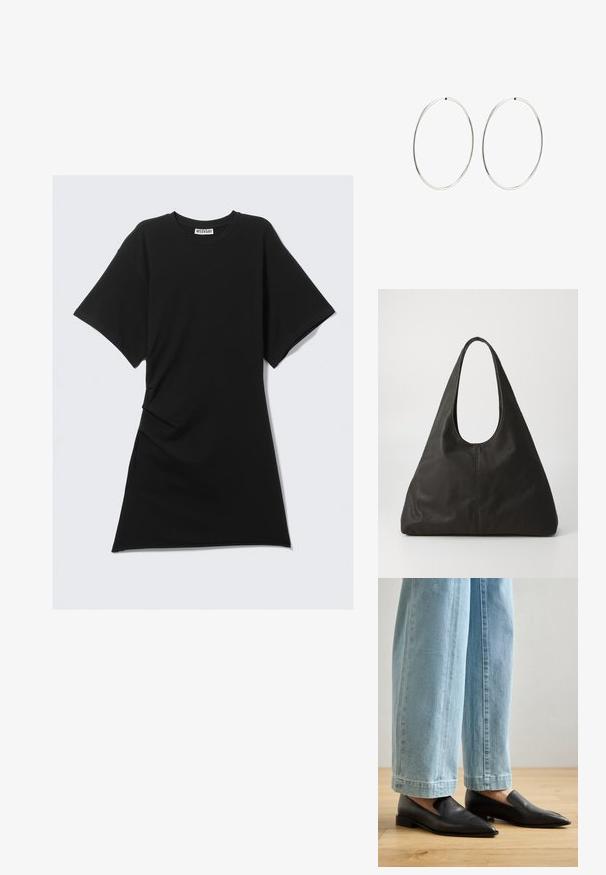 Musta puuvillasta valmistettu t-paidan malli, jossa on pyöreä kaula-aukko, lyhyet hihat, sivuilla rypytysdetaljeita ja suora helma. Sujuva pinta ja rento muotoilu.; Mustat nahkakengät, joissa on terävä nenä ja liukupohja, yhdistettynä vaaleansinisiin leveälahkeisiin farkkuihin, puisella lattialla.; Mustat nahkainen olkalaukku, jossa on kaareva kahva, pitkänomainen kolmion muotoinen rakenne ja sileä tekstuuri. Minimalistinen muotoilu, ei näkyviä metalliosia.; Hope hopeita hopeita, joissa on sileä, pyöreä muoto ja kiiltävä pinta. Ne ovat ohuita ja kevyitä, ja niissä on yksinkertainen lukitus.